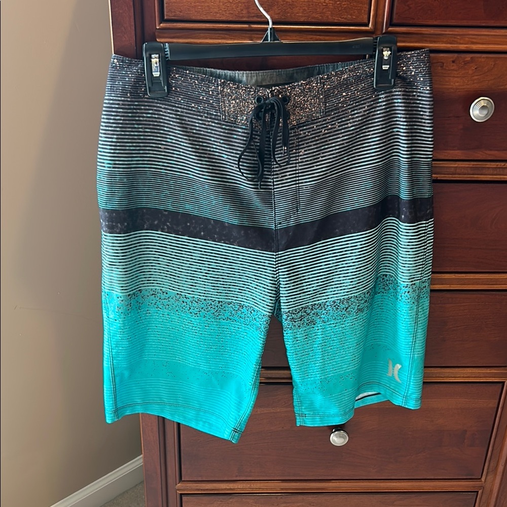 Hurley Phantom Black/teal  striped Board Shorts, size 32, great 4 swim/beach